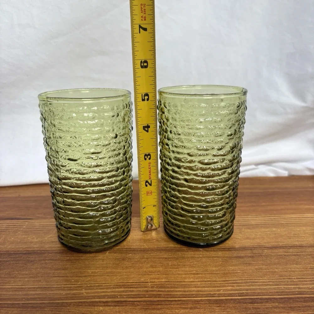 Vintage Olive Green Ribbed Textured Glass Tumblers Set of 2 5